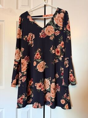 ANDREE BY UNIT Navy Floral Long Sleeve Swing Dress